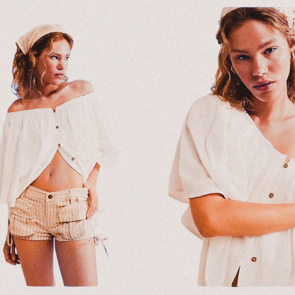 Free People White Off-Shoulder Button Crop Top